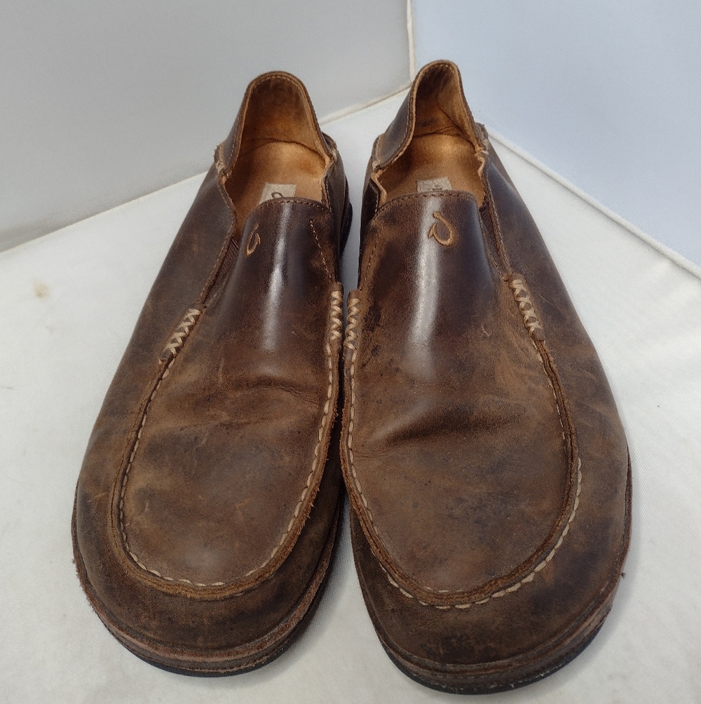 OluKai Moloā Men’s US 12 Brown Leather Slip-On Comfort Loafer Slipper Shoes RR